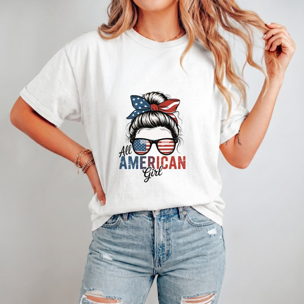All American Girl patriotic shirt on model