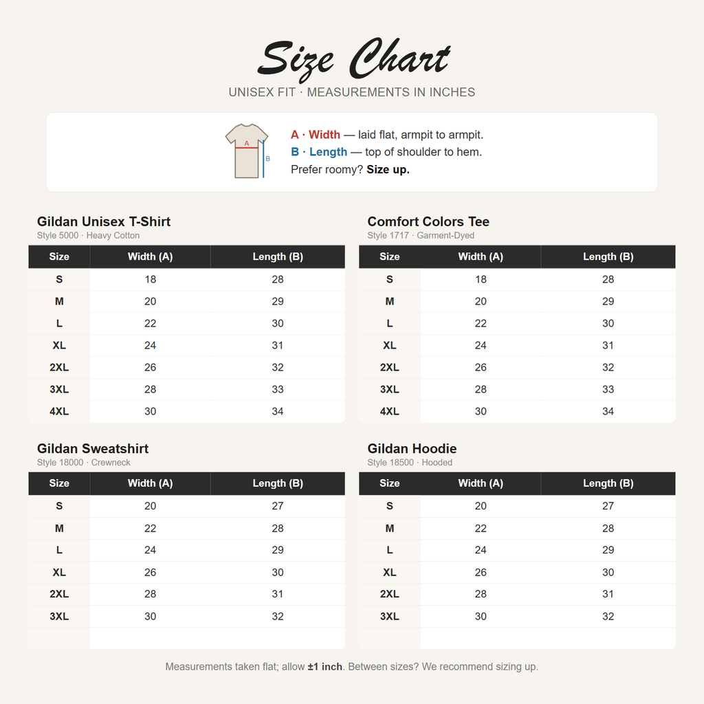 Size chart - Gildan & Comfort Colors measurements in inches