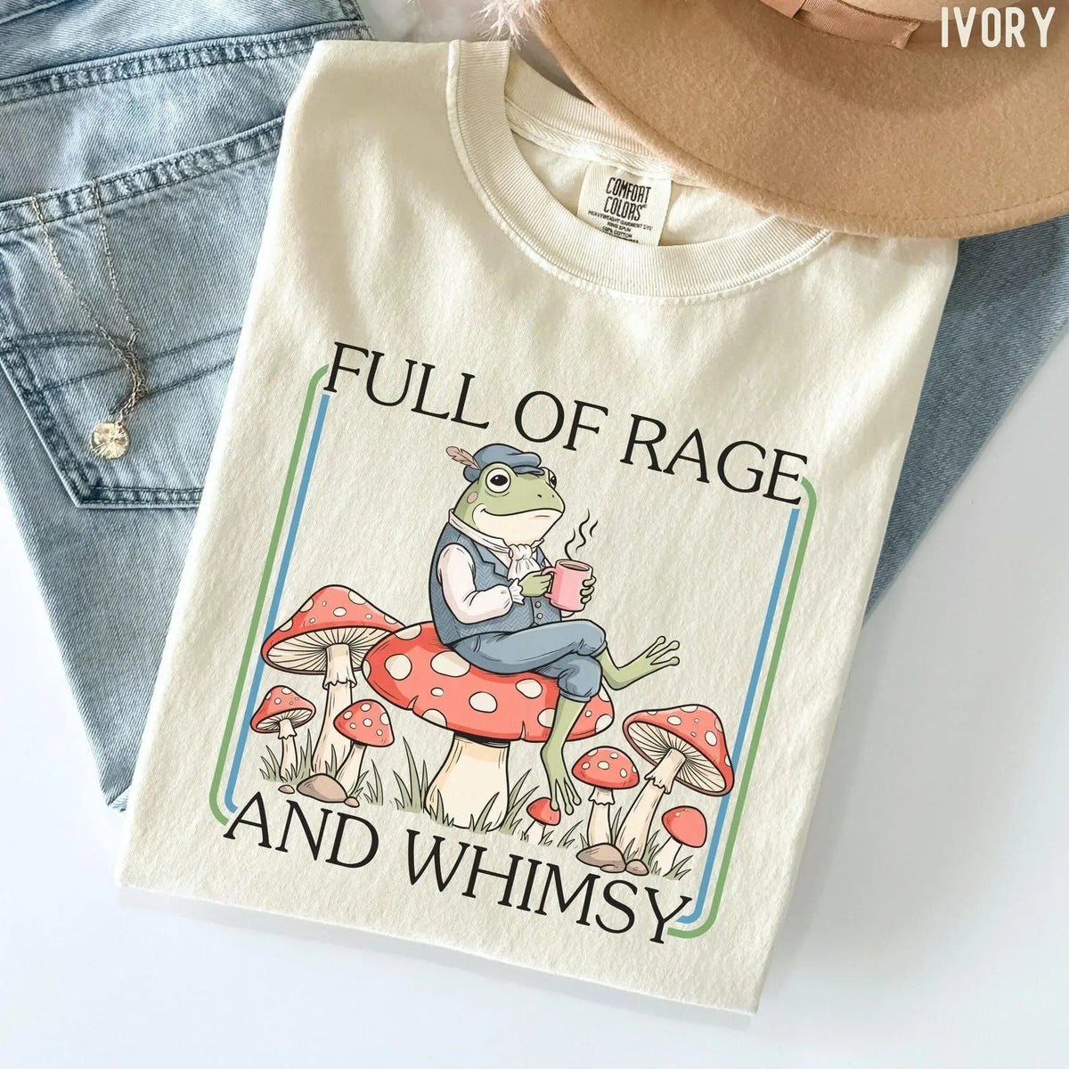 Funny Frog Coffee Shirt, Full of Rage and Whimsy, Retro Cottagecore Mushroom Frog Tee, Gift for Frog Lovers