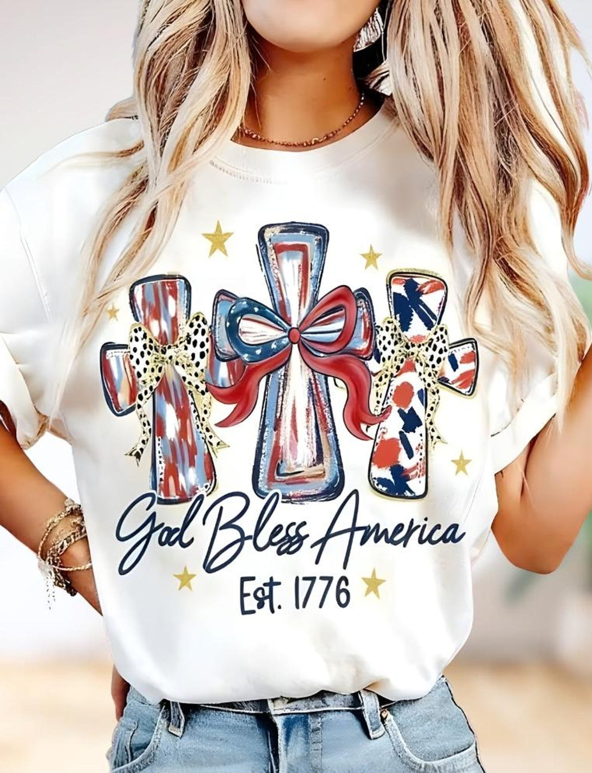 God Bless America Patriotic Cross Flag T-Shirt