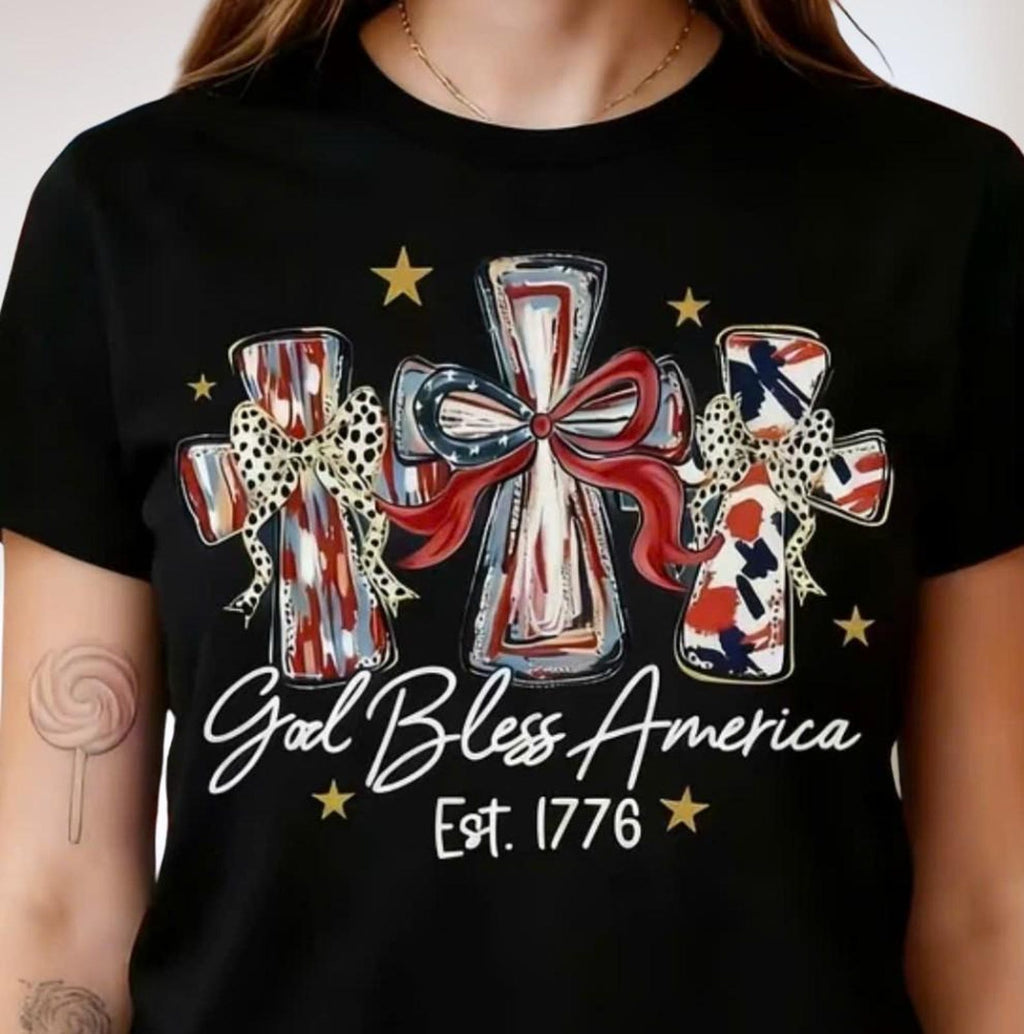 God Bless America Patriotic Cross Flag T-Shirt