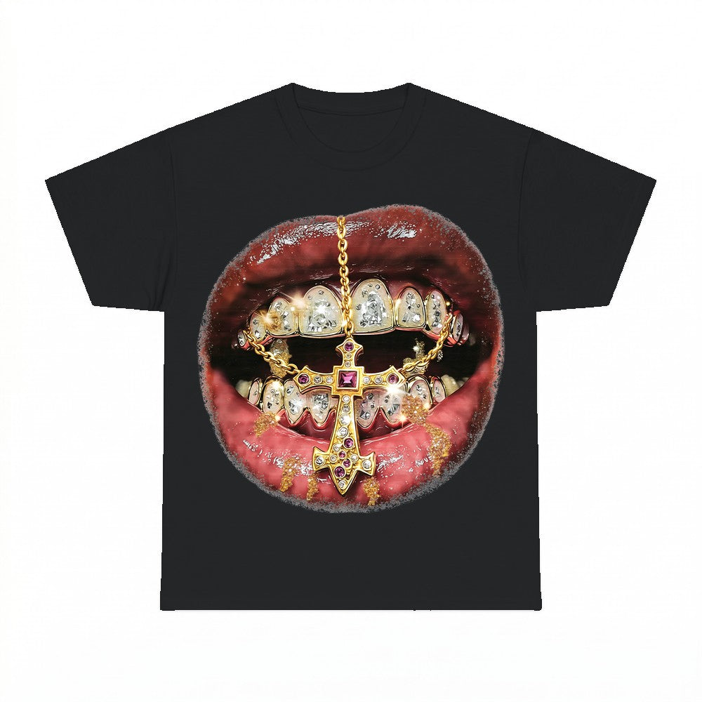 Mouth Diamond Grillz Cross Chain Shirt - Gildan Unisex Tee