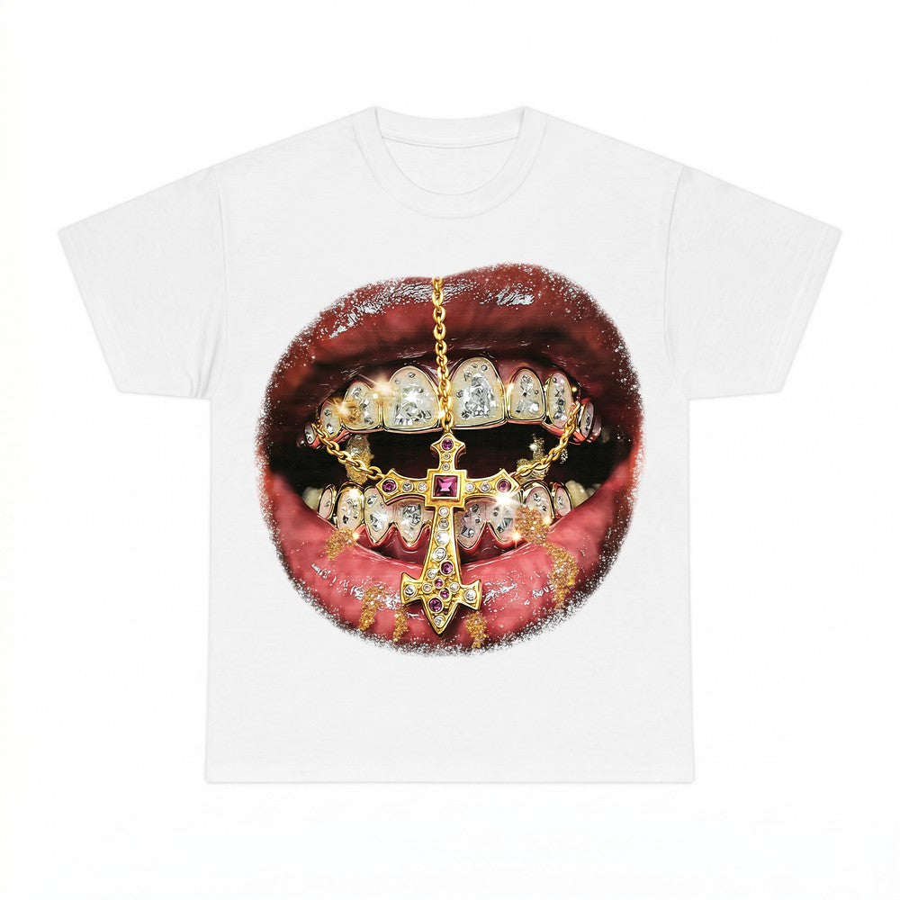 Mouth Diamond Grillz Cross Chain Shirt - Gildan Unisex Tee