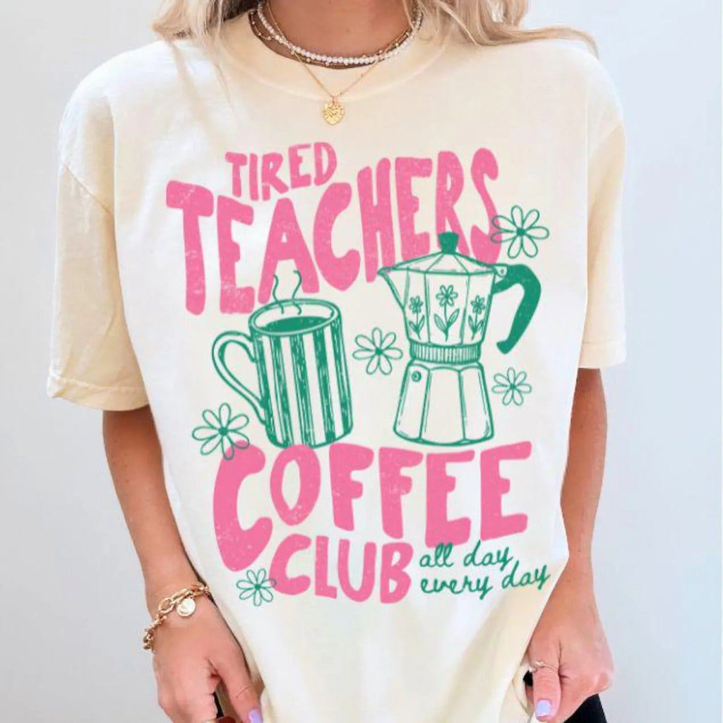 Funny Teacher Coffee Shirt, Comfort Colors Retro Tired Teacher Tee, Coffee & Chaos Back to School Teacher Gift