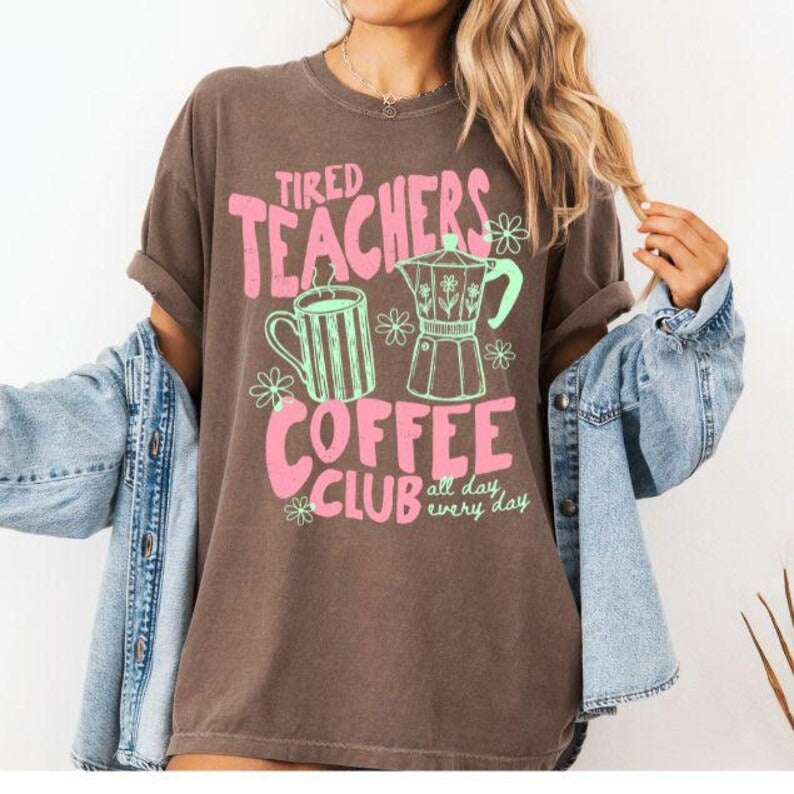Funny Teacher Coffee Shirt, Comfort Colors Retro Tired Teacher Tee, Coffee & Chaos Back to School Teacher Gift
